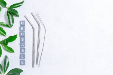 Paslanmaz çelik pipetler ve yeşil yapraklı temizlik fırçası ve ahşap harflerle yeniden kullanılabilir kelime, çevre dostu sıfır atık konsepti, yatay, üst görünüm, kopyalama alanı