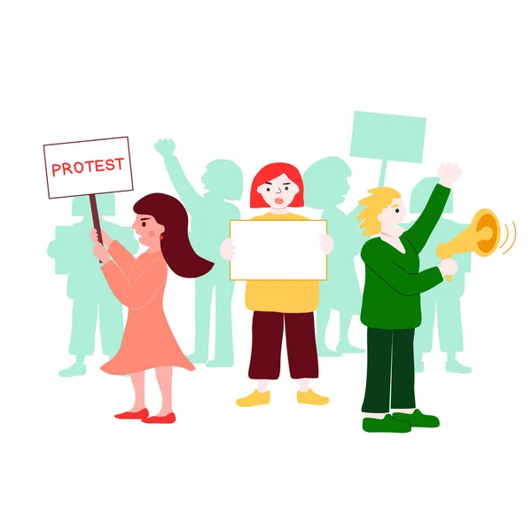 Protesting People Activists Holding Posters Signs Megaphone Human Rights Working — Stock Vector