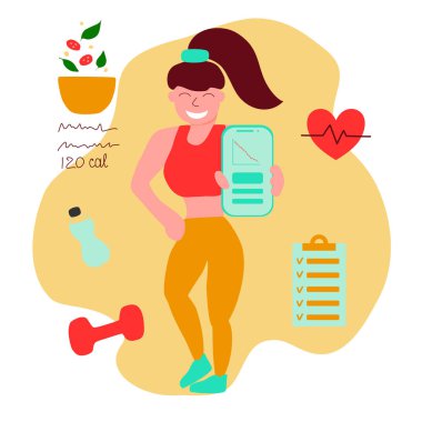 Woman using mobile app for fitness and healthy meal plan. Girl hold phone with weight loss progress. Fitness app on smartphone. Healthy lifestyle concept flat vector illustration