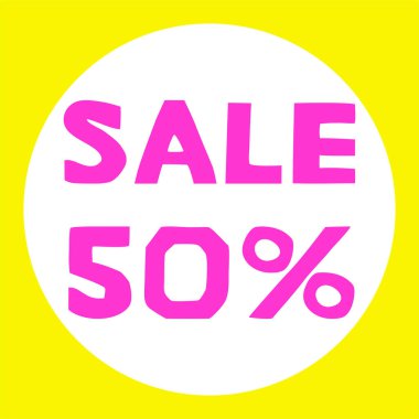 Özel satış teklifi, yüzde 50 indirim sarı arka planda beyaz rozet, el yazısı harfler, vektör illüstrasyonu