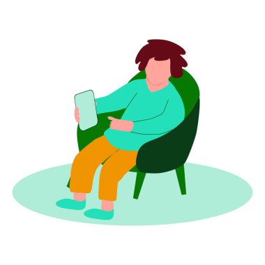 Boy sitting on chair and chatting on smartphone, messaging using chat app or social network, vector illustration. Internet or social network communication concept