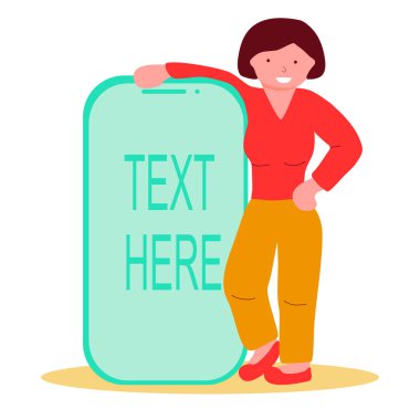 Büyük telefonun yanında boş ekranlı bir kadın, metin için yer, düz vektör illüstrasyonu