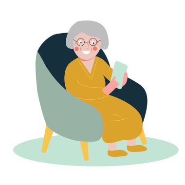 Sandalyede oturan ve akıllı telefon kullanan yaşlı kadın, vektör çizimi