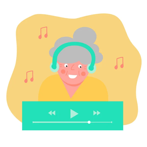 Old Woman Listening Music Headphones Notes Background Old People Using — 스톡 벡터