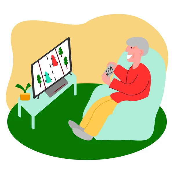 Old Man Playing Game Cars Gamepad Sitting Chair Home Elderly — Stock Vector