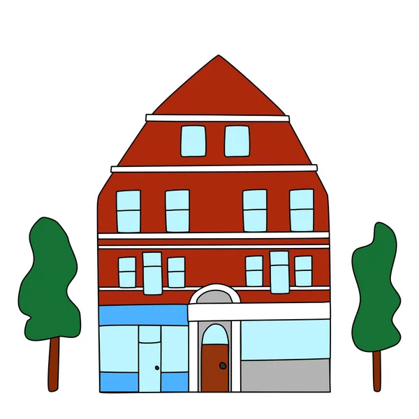 Old Style Red House Shop Cafe First Floor Flat Vector —  Vetores de Stock