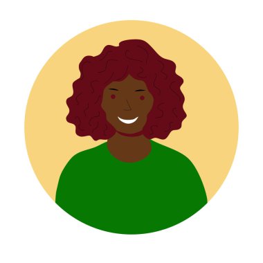 Portrait of young smiling girl with curly hair dark brown skin type, avatar for social network, flat vector illustration
