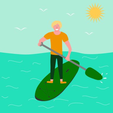 Young man standing up on paddle board, surfing in ocean or sea, vector illustration