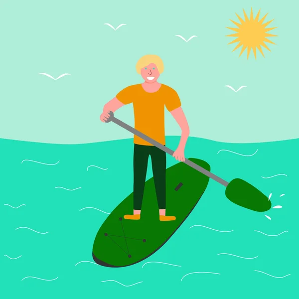Молодой Человек Стоящий Веслах Серфинг Океане Море Векторная Иллюстрация — стоковый вектор