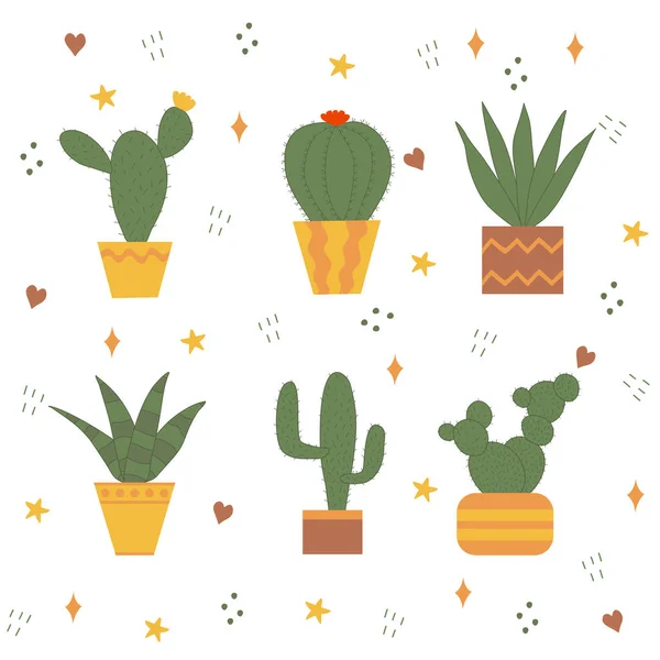 Set Different Cactus Pots Doodle Background Indian Fig Saguaro Zebra — Stok Vektör