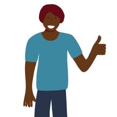 Afro American or Indian boy show positive emotions with thumb up gesture, approval sign, flat vector illustration