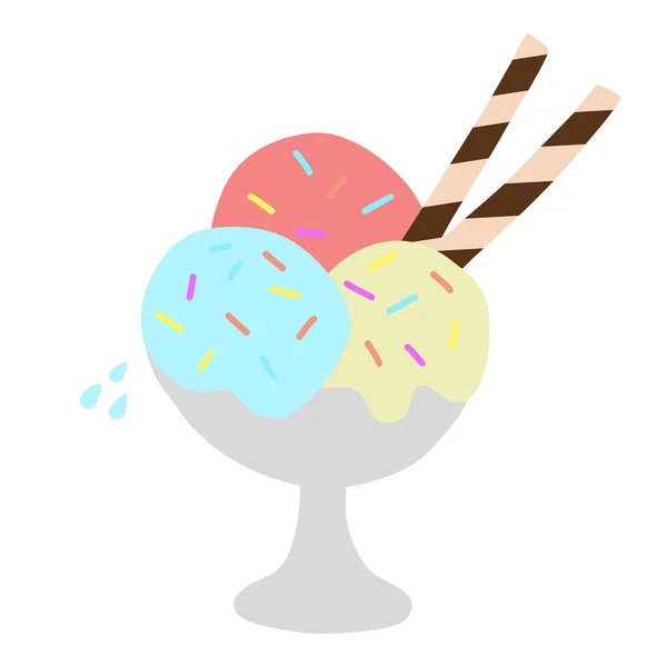 Colourful Ice Cream Balls Bowl Colourful Sprinkles Wafer Rolls Flat — Stok Vektör
