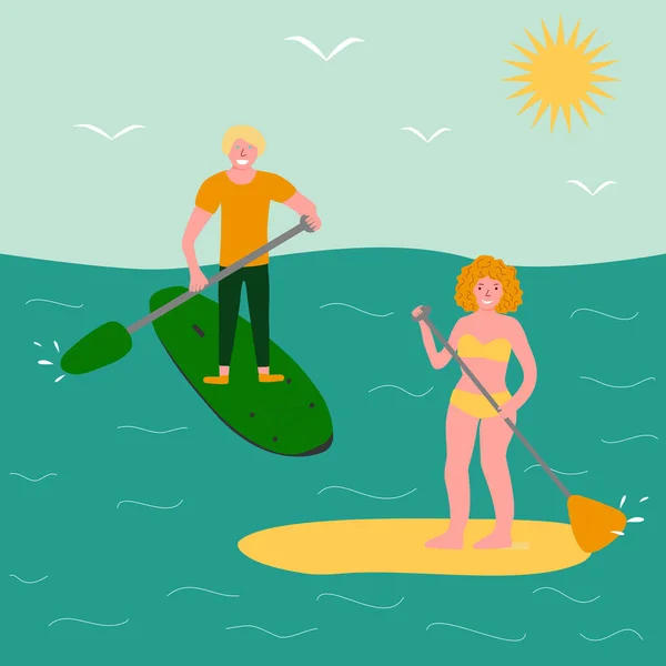 Young Happy Man Woman Standing Paddle Boards Surfing Ocean Sea — 스톡 벡터