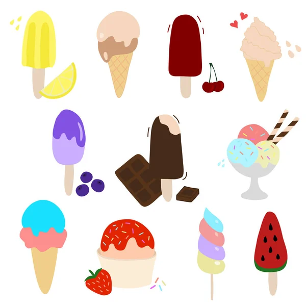 Set Different Ice Cream Lollipop Popsicle Flat Vector Doodle Illustration — Wektor stockowy