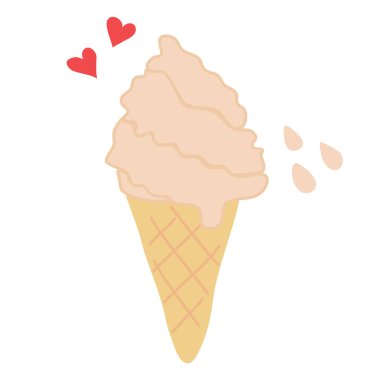 Melting soft ice cream or softy in waffle cone, hearts and drops on background, flat doodle raster illustration