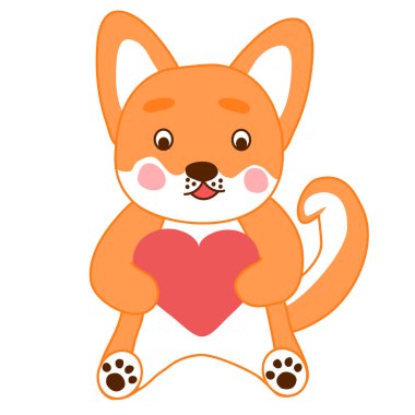 Kawaii style Corgi, shiba inu dog, sitting with heart, doodle raster illustration