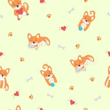 Seamless pattern with Kawaii style Corgi, shiba inu dogs, sitting with heart, playing, eating bone, doodle raster illustration