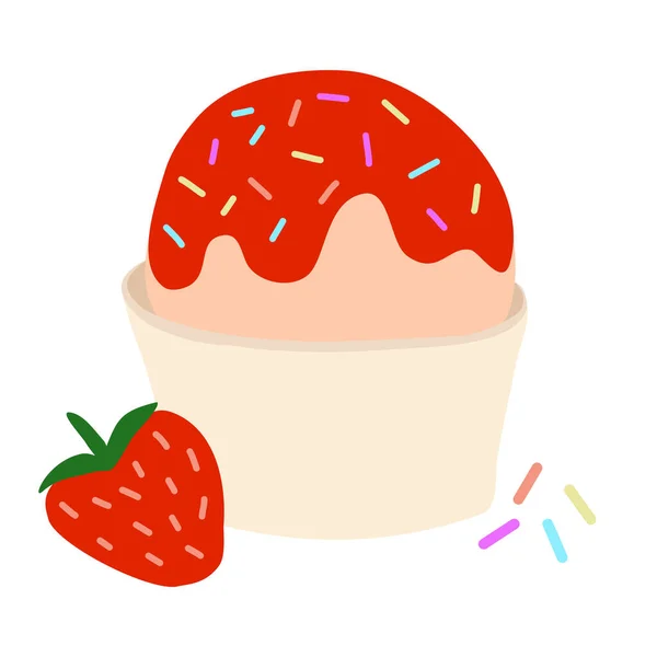 Strawberry ice cream in paper cup with red jam or sauce and colourful sprinkles, flat doodle raster illustration