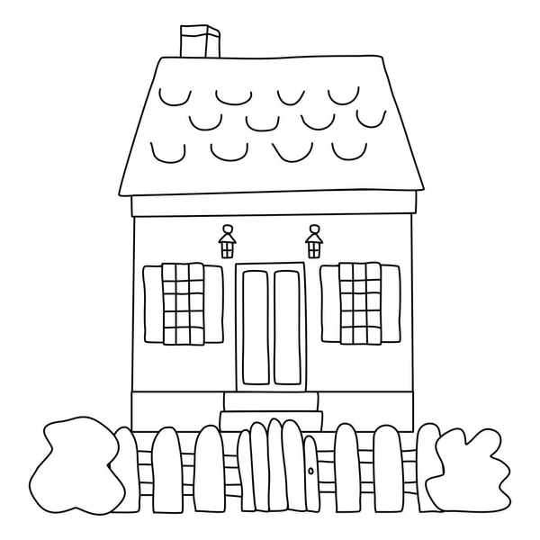 Cartoon style house with chimney, fence and bushes on foreground, flat doodle raster outline illustration