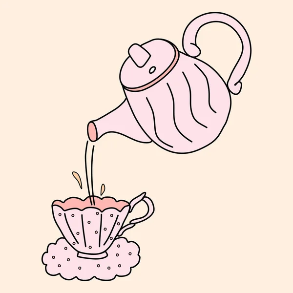 Tea Öntése Kerámia Vagy Porcelán Teáskanna Régi Vágású Csésze Csészealj — Stock Vector