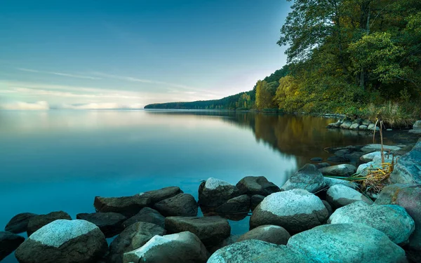 Maravillosa Mañana Laguna Kaunas Amanecer Con Niebla Árboles Colores Otoñales — Foto de Stock