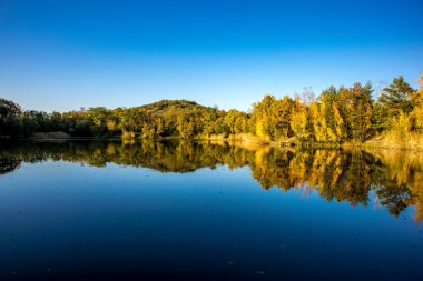Almanya 'da Oberwaldsee adında küçük güzel bir göl Sonbaharda güneşli bir günde Suya yansıyan renkli bir ormanla.