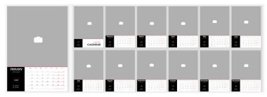 Wall Monthly Fotoğraf Takvimi 2022. İngilizce 2022 yılı için aylık dikey fotoğraf takvimi tasarımı. Takvim ve 12 aylık şablonlar. Pazartesi başlıyor. Vektör illüstrasyonu