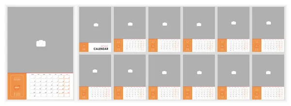 2022年长城月历 简单的月度垂直摄影日历2022年英文设计 包括日历和12个月模板 星期一开始 矢量说明 — 图库矢量图片