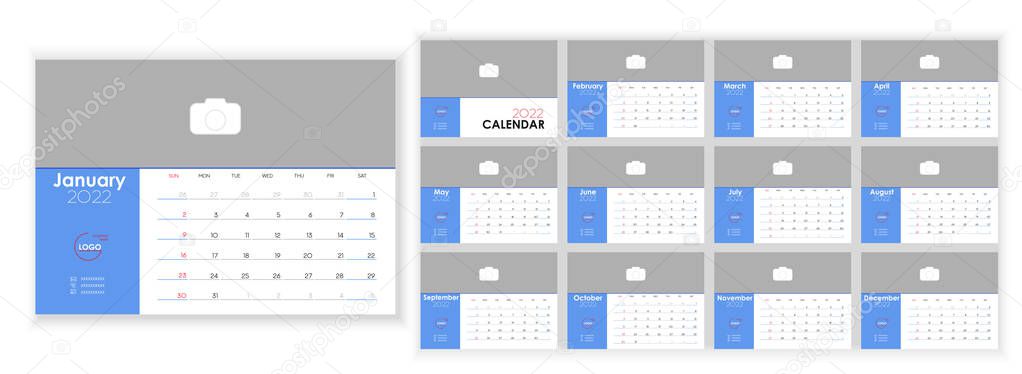 Desktop Monthly Photo Calendar 2022. Simple monthly horizontal photo calendar Design 2022 year in English. Cover Calendar and 12 months templates. Sunday week start. Vector illustration