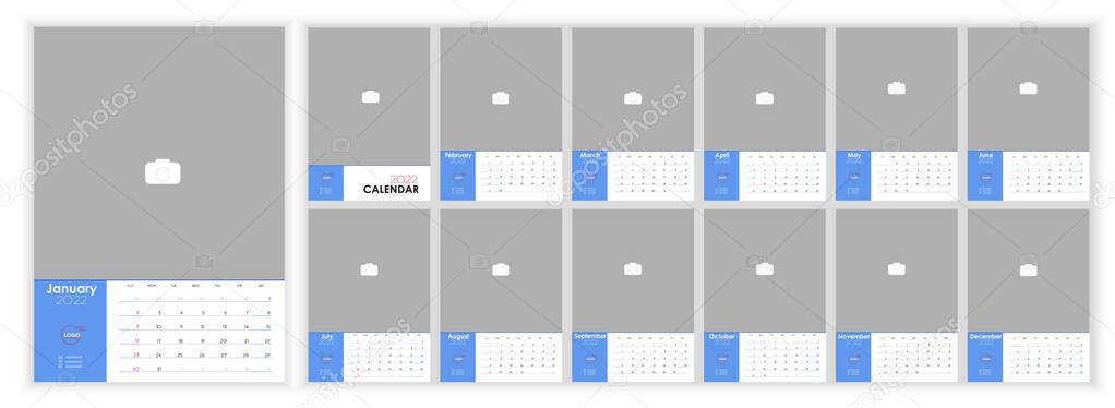 Wall Monthly Photo Calendar 2022. Simple monthly vertical photo calendar Design for 2022 year in English. Cover Calendar and 12 months templates. Week starts from Sunday. Vector illustration