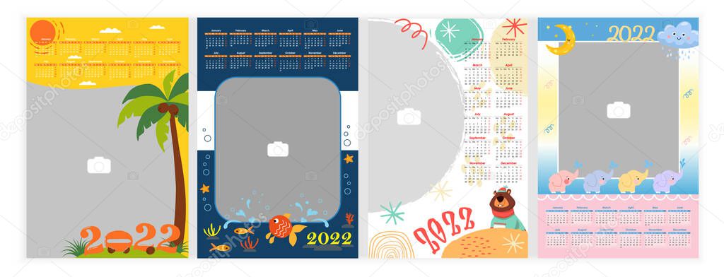Wall Photo Calendar 2022.  Set of colorful, holiday, baby photo calendar template with cartoon characters. Calendar design 2022 year in English. Week starts from Monday. Vector illustration