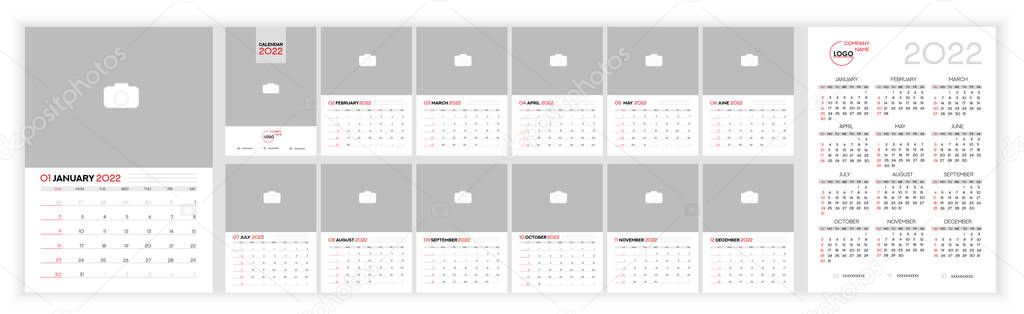 Wall Monthly Photo Calendar 2022. Simple monthly vertical photo calendar Design for 2022 year in English. Cover Calendar and 12 months templates. Sunday week start. Vector illustration