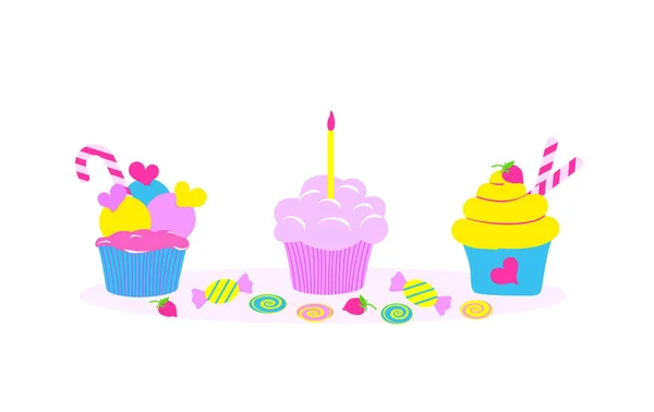キャンディ ロリポップ ケーキ 誕生日おめでとう 平面ベクトル図孤立した物体 — ストックベクタ