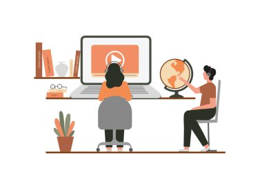 E-öğrenme, ev kavramlarında çevrimiçi eğitim. Uzaklık eğitimi, çevrimiçi kurslar, özel dersler, web siteleri, dijital dersler, çevrimiçi öğretim metaforları. Düz vektör çizimi, izole nesneler.