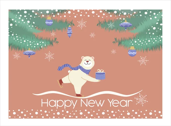 Noel kış şenliği kompozisyonu. Renkli Xmas arka planı, dekoratif el yapımı tasarım nesneleri, Noel baloları, hediye kutuları, karlı ağaçlar, beyaz ayı patenleri. - Mutlu yıllar. Vektör illüstrasyonu