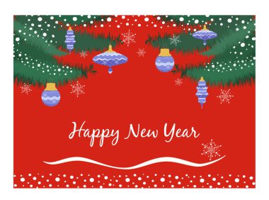 Noel kış şenliği kompozisyonu. Renkli Xmas arka plan gerçekçi el çizimi dekoratif nesneler, Noel baloları, karlı ağaçlar. - Mutlu yıllar. Vektör illüstrasyonu