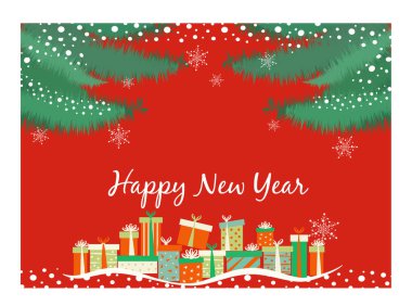 Noel kış şenliği kompozisyonu. Renkli Xmas arka plan gerçekçi el çizimi dekoratif nesneler, Noel baloları, karlı ağaçlar. - Mutlu yıllar. Vektör illüstrasyonu