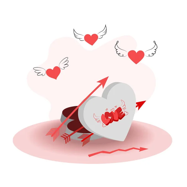 バレンタインデーのデザイン 現実的なギフトボックス 矢印と心臓の形 花でいっぱいのギフトボックスを開きます 休日のバナー Webポスター チラシ スタイリッシュなパンフレット グリーティングカード カバー — ストックベクタ