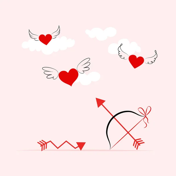 バレンタインデーのデザイン 翼を持つ赤い心 キューピッド矢印 休日のバナー Webポスター チラシ スタイリッシュなパンフレット グリーティングカード カバー ロマンチックな背景 — ストックベクタ
