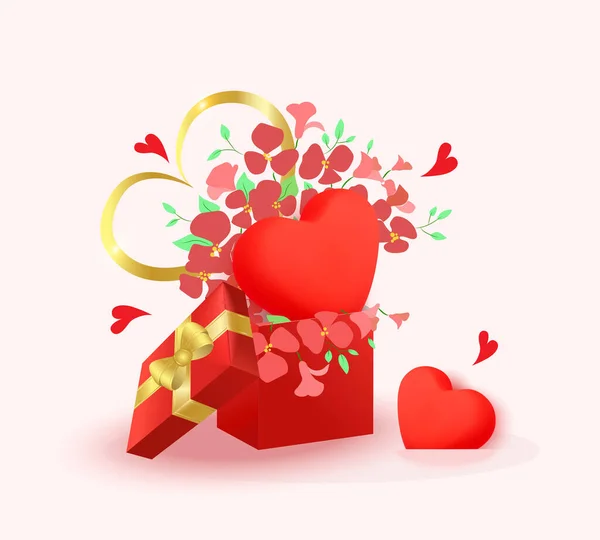 バレンタインデーのデザイン 現実的な赤いギフトボックス 花と心でいっぱいのギフトボックスを開きます 休日のバナー Webポスター チラシ スタイリッシュなパンフレット グリーティングカード カバー ロマンチックな背景 — ストックベクタ