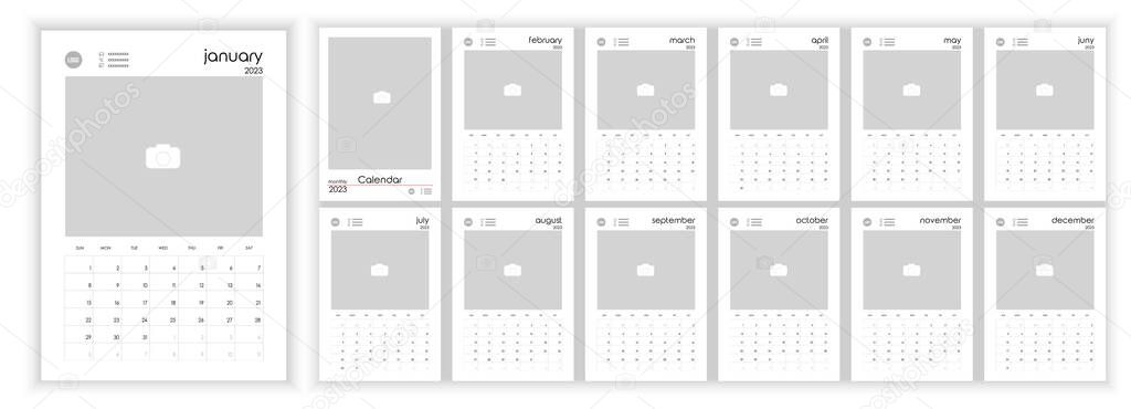 Wall Monthly Photo Calendar 2023. Simple monthly vertical photo calendar Layout for 2023 year in English. Cover Calendar, 12 months templates. Week starts from Sunday. Vector illustration