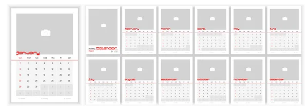 Wall Monthly Photo Calendar 2023. Simple monthly vertical photo calendar Layout for 2023 year in English. Cover Calendar, 12 months templates. Week starts from Sanday. Vector illustration