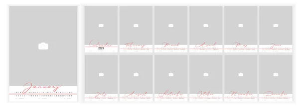 Wall Monthly Photo Calendar 2023. Simple monthly vertical photo calendar Layout for 2023 year in English. Cover Calendar, 12 months templates. Week starts from Monday, Sanday. Vector illustration