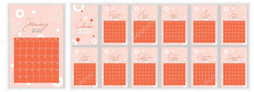 Wall Monthly Calendar 2023. Simple monthly vertical calendar Layout 2023 year in English. Cover, 12 months templates. Week starts from Monday. Vector illustration