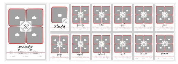 Wall Monthly Photo Calendar 2023. Simple monthly vertical photo calendar Layout for 2023 year in English. Cover Calendar, 12 months templates. Week starts from Monday. Vector illustration