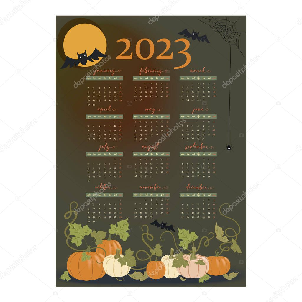 Halloween Wall Monthly Calendar 2023 in English. Calendar, 12 months template with pumpkin,