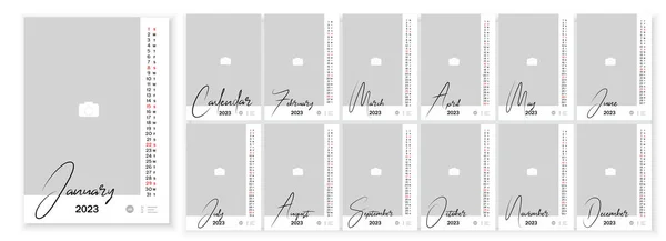 Wall Monthly Photo Calendar 2023. Simple monthly vertical photo calendar Layout for 2023 year in English. Cover Calendar, 12 months templates. Week starts from Sunday Monday. Vector illustration
