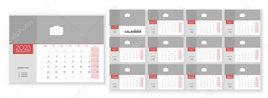 Desktop Monthly Photo Calendar 2023. Simple monthly horizontal photo calendar Layout for 2023 year in English. Cover Calendar Template and 12 monthes templates. Week starts from Monday. Vector illustration