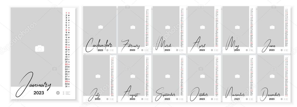 Wall Monthly Photo Calendar 2023. Simple monthly vertical photo calendar Layout for 2023 year in English. Cover Calendar, 12 months templates. Week starts from Sunday Monday. Vector illustration