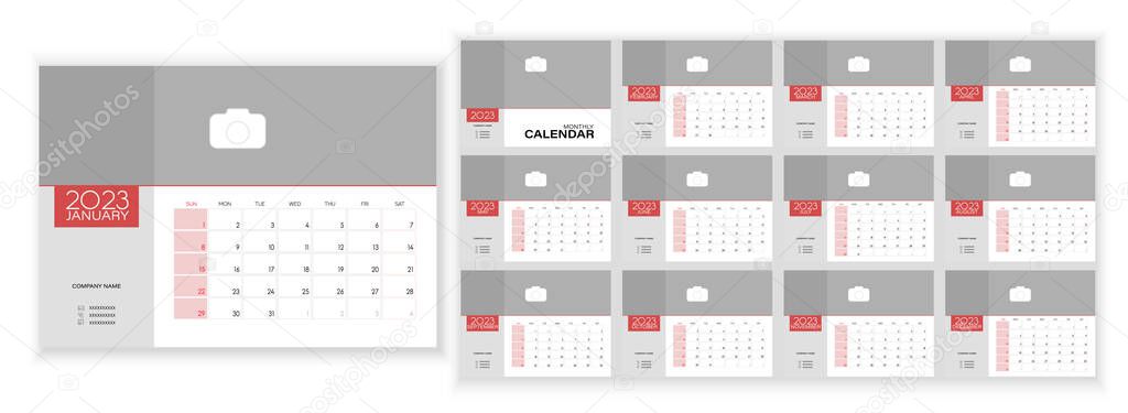 Desktop Monthly Photo Calendar 2023. Simple monthly horizontal photo calendar Layout for 2023 year in English. Cover Calendar Template and 12 monthes templates. Week starts from Sunday. Vector illustration